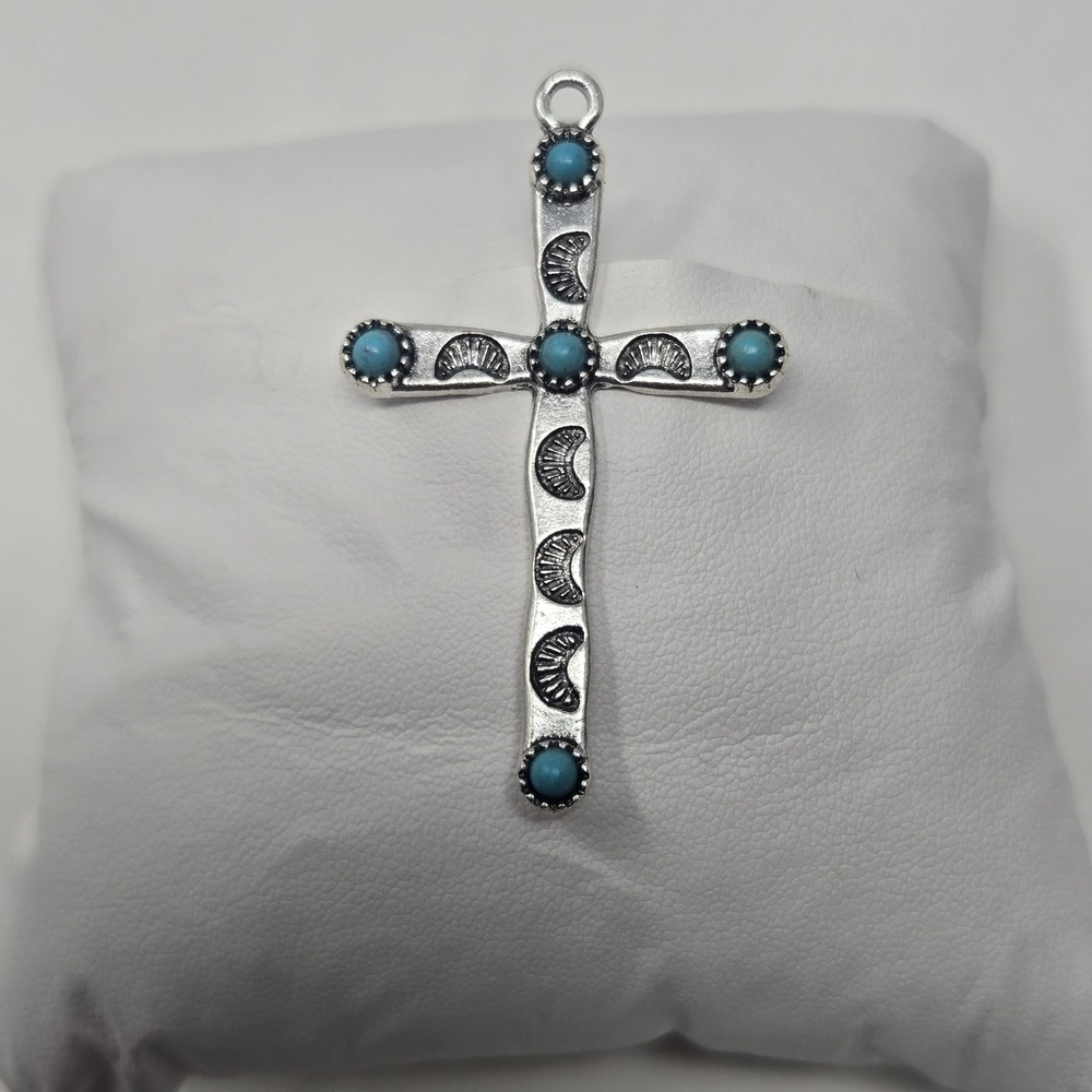 Imitation Turquoise Cross Pendant Southwest Native American‎ Style Silver Tone